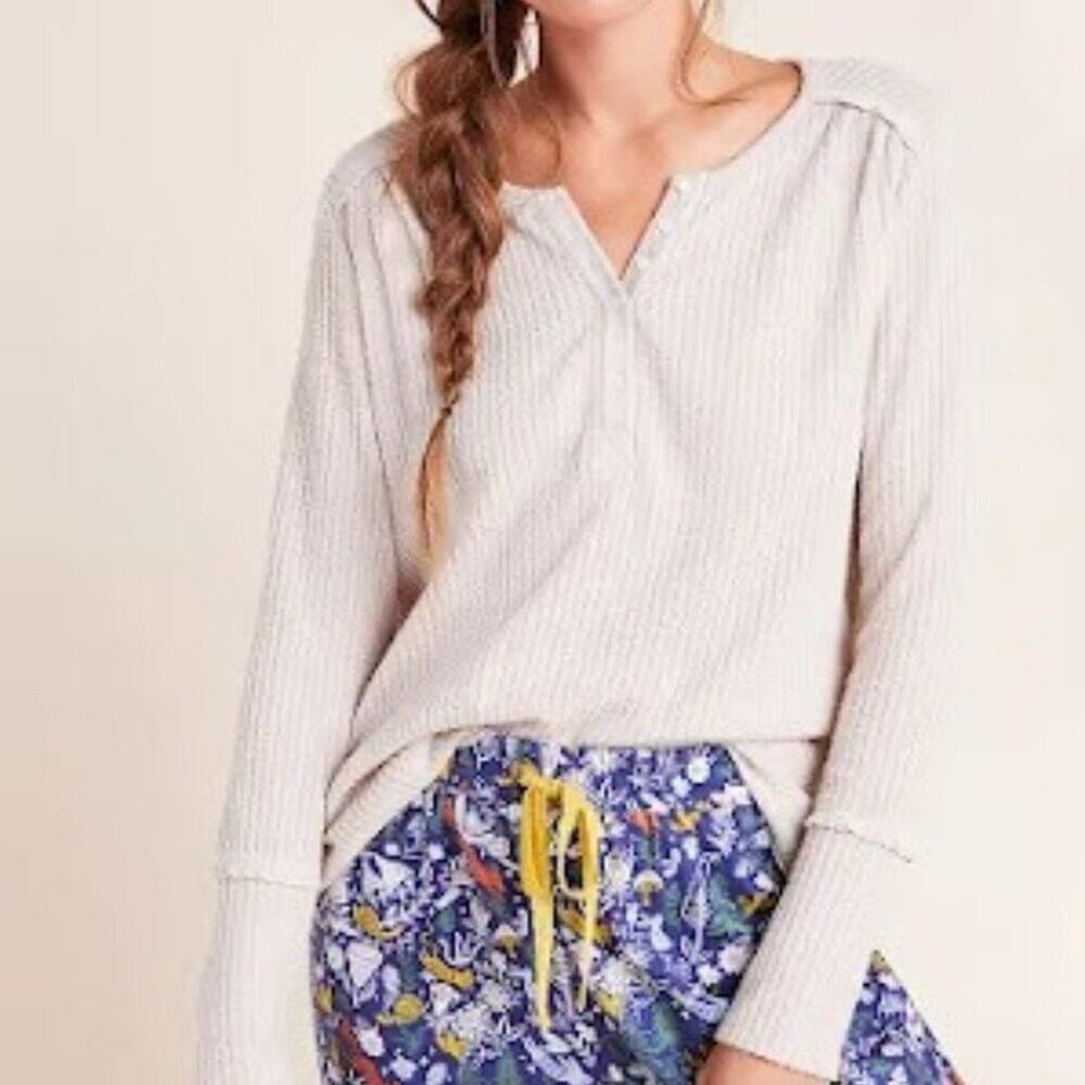 BY ANTHROPOLOGIE | Cream Beige Waffle Knit Henley Long Sleeve Swingy Thermal S